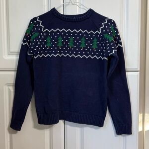 Hanna Andersson Navy Blue Holiday Sweater with Green Trees - tag removed